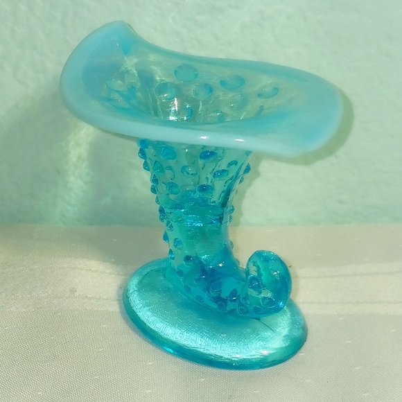 Vintage Fenton Hobnail Blue Opalescent Cornucopia Candle Holder ca. 1940 - 1942 - Picture 1 of 6